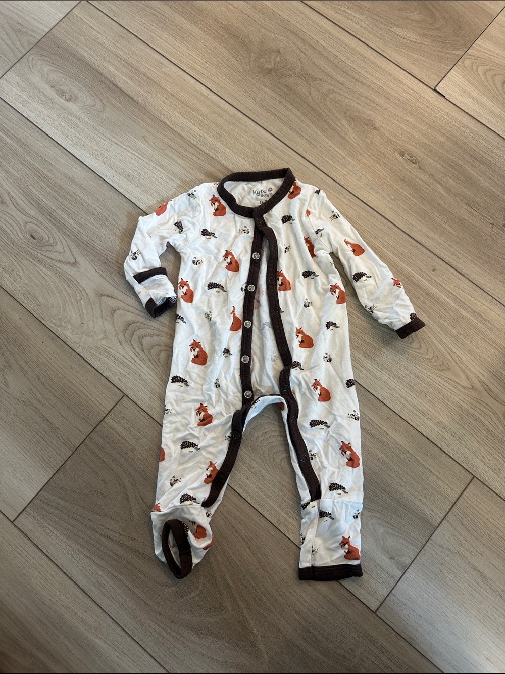 Kyte BABY White Footed One-Piece with Orange Fox Print and Brown Trim